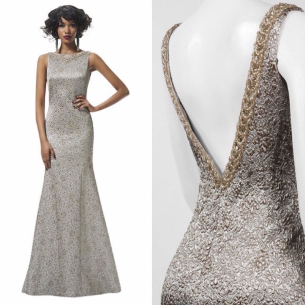 Theia jacquard mermaid sleeveless low back hand Embroidered gold long gown